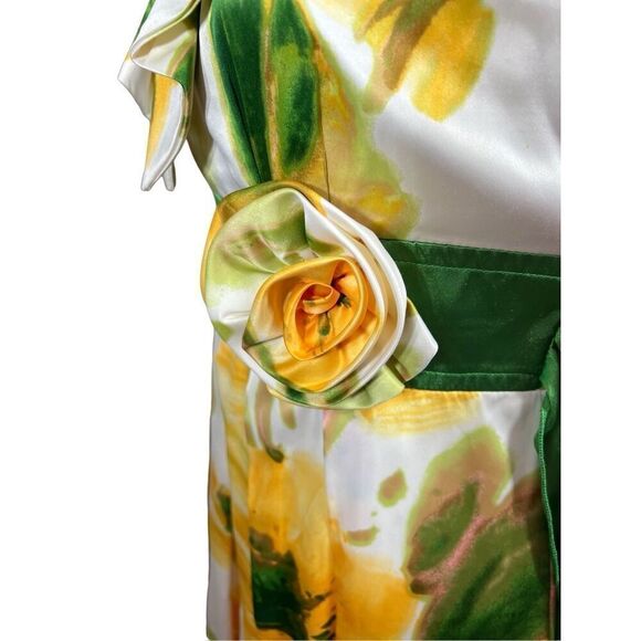 Vintage Inspired Yellow Floral Sundress Size 13 Tulle V-Neck Green Waistband - Picture 9 of 13